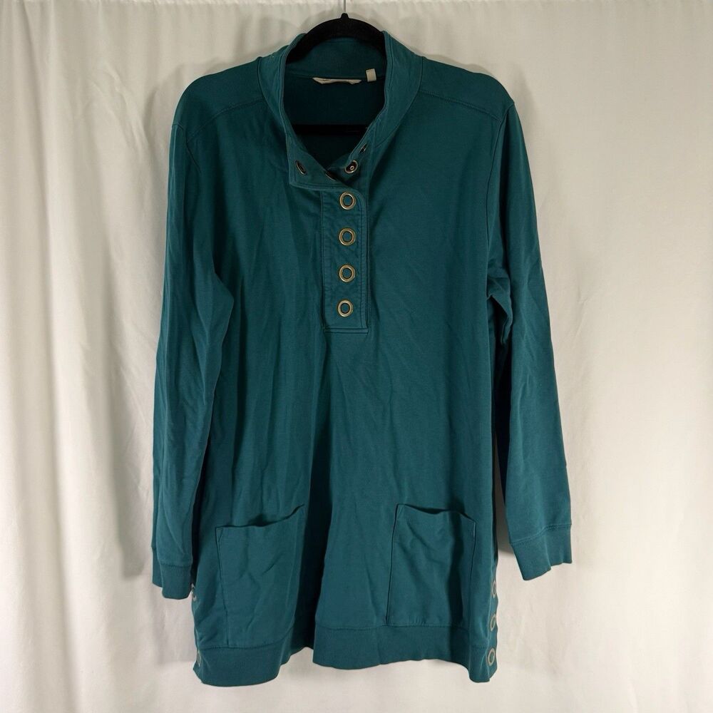Soft Surroundings Sweater Women's Large Green Snap Cotton Modal Pullover Pockets